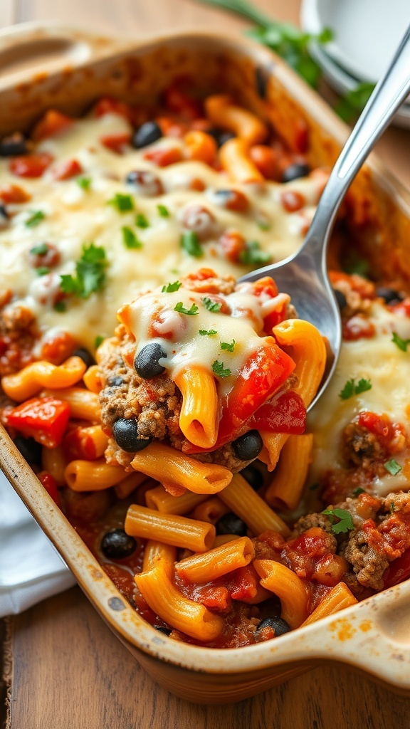 Vegetarian Hamburger Casserole Recipe A hearty vegetarian hamburger casserole with cheese, bell peppers, and pasta in a baking dish, garnished with parsley.